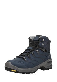 Marine wandelschoen met grijze accenten, hoge enkelondersteuning, gestructureerd oppervlak en Vibram-zool. Heeft zwarte veters en metalen oogjes.