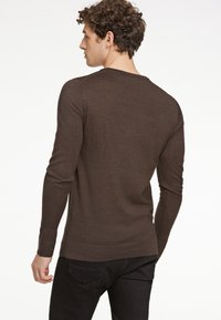 Brauner langärmliger Pullover mit einer strukturierten Strickoptik, Rundhalsausschnitt und enganliegenden Bündchen, kombiniert mit schwarzer Hose. Rückansicht gezeigt.