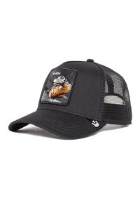 Gorra negra con parte trasera de malla, que presenta un parche de una serpiente enrollada en naranja y gris. El diseño incluye costuras reforzadas y visera curva.