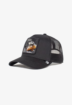 Black cap with mesh back, featuring a patch of a coiled snake in orange and gray. Design includes reinforced stitching and curved brim.