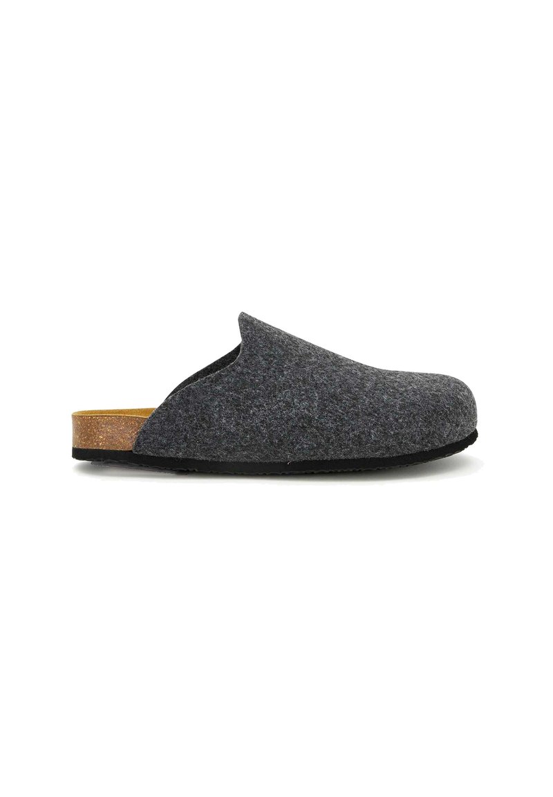 Sabot gris en feutre avec un bout arrondi, semelle intermédiaire en liège et semelle en caoutchouc noire. Design simple, tige sans coutures et embellissements minimes.