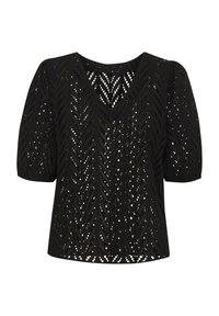 Top noir avec décolleté en V, manches courtes bouffantes et un design découpé détaillé qui crée un motif de feuilles sur l'ensemble du tissu.