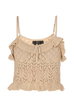 Beige gebreide cropped top met ruchtrand, dunne verstelbare bandjes en een textuur met diamanten en bladeren patroon.