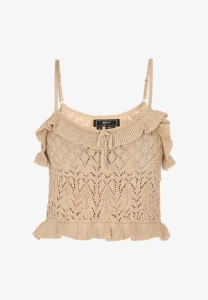 Beige gebreide cropped top met ruchtrand, dunne verstelbare bandjes en een textuur met diamanten en bladeren patroon.