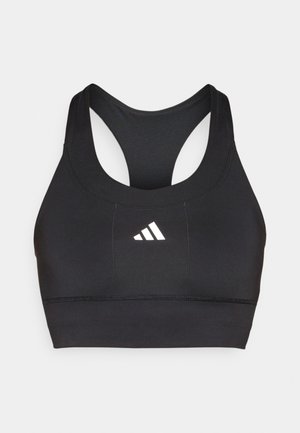 Crna atletska sportska brusnica s okruglim izrezom, dizajnom s racerback-om, kontrastnim bijelim logom i šavom uz dno.