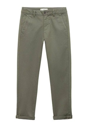Olivgrüne Hose aus einem glatten Stoff, mit Knopfverschluss, Gürtelschlaufen und umgeschlagenen Säumen. Zwei Vorder- taschen sind enthalten.