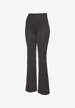 Black flared leggings with a high waist. Made from a smooth, stretch fabric with a soft texture and no visible patterns or accents.