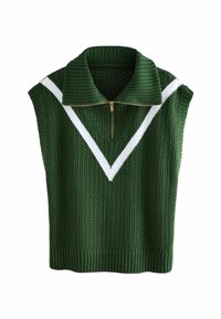 Zelená bezrukávová pletená vesta s bílým chevronovým páskem, žebrovaným límečkem a zlatým zipem na přední straně.