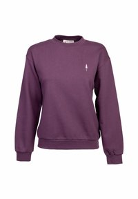 Felpa viola realizzata in misto cotone, con maniche lunghe, scollo rotondo, polsini a coste e un piccolo logo di un albero bianco sul lato sinistro del petto.