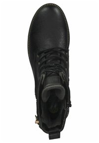 Stivaletto in pelle nera con punta tonda, design con lacci, colletto imbottito, cuciture oro e fodera interna in pelliccia sintetica.