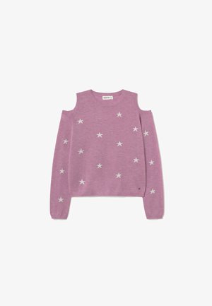 Pull lilas à épaules dénudées avec manches longues, motifs d'étoiles blanches disséminés sur l'avant et les manches, et col rond.