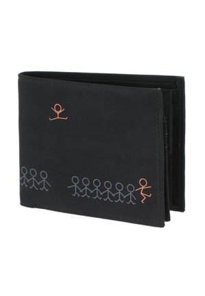 Black bifold wallet with stick figure designs, including orange and grey figures holding hands and one orange figure jumping and another floating.