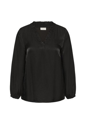 Blouse noire avec un décolleté en V, des volants et de longues manches bouffantes. Fabriquée dans un tissu lisse avec une coupe décontractée et des poignets élastiques.