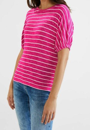 Rosa gestreiftes Kurzarmoberteil mit weißen horizontalen Linien, lässige Passform, runder Halsausschnitt und Raffungen an den Ärmeln.
