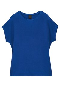 Niebieski, krótki top dzianinowy z okrągłym dekoltem oraz luźnym krojem. Posiada żebrową fakturę i charakterystyczne wycięcia z boków.