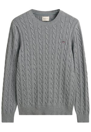 Gray cable-knit sweater made of soft fabric, featuring a crew neck, ribbed cuffs, and a small embroidered logo on the chest.