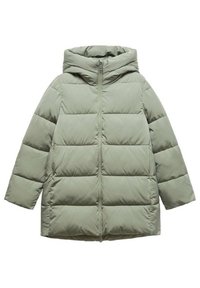 Hellgrüne Steppjacke mit Kapuze, die horizontale Stegsegmente, lange Ärmel und einen Reißverschluss vorne aufweist. Weiche Textur.