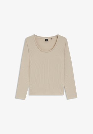Beige lange mouwen top met een ronde hals, gemaakt van gestructureerde stof met een subtiel patroon en een klein logo op de voorkant.
