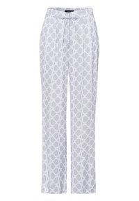 Lightweight, pleated trousers in a light gray with a circular pattern. Features a tie waist and a loose fit. Smooth texture and straight leg.