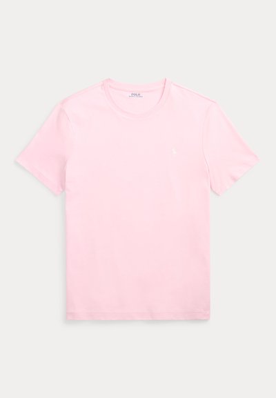 Ανοιχτό ροζ κοντομάνικη μπλούζα με στρογγυλή λαιμόκοψη και μικρό λευκό κεντητό λογότυπο Polo Ralph Lauren στο αριστερό μέρος του στήθους.