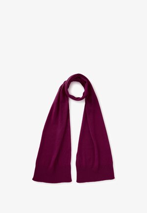 Bufanda de punto morada con una textura suave, forma alargada y extremos acanalados, diseñada para proporcionar calor y comodidad.