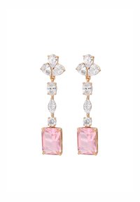 Orecchini in oro rosa con un design a goccia, dotati di pietre rettangolari rosa e accenti chiari tondi e a marquise, che mettono in mostra forme e dimensioni diverse.