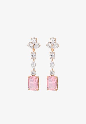 Ohrringe aus Roségold mit einem Tropfen-Design, verziert mit rosa rechteckigen Steinen und klaren runden sowie marquiseförmigen Akzenten, die in verschiedenen Formen und Größen präsentiert werden.