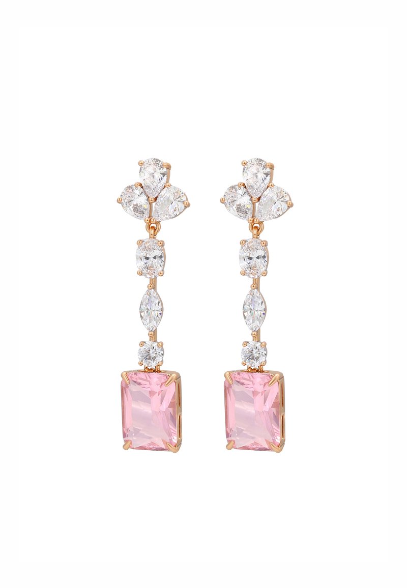 Orecchini in oro rosa con un design a goccia, dotati di pietre rettangolari rosa e accenti chiari tondi e a marquise, che mettono in mostra forme e dimensioni diverse.