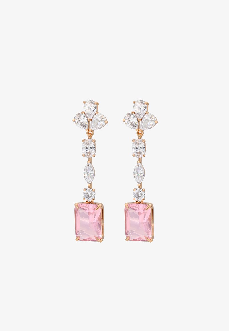 Orecchini in oro rosa con un design a goccia, dotati di pietre rettangolari rosa e accenti chiari tondi e a marquise, che mettono in mostra forme e dimensioni diverse.