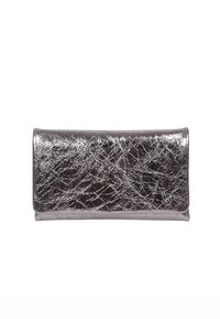 Metallic silver wallet with a crinkled texture, rectangular shape, and smooth edges. Features a glossy finish and no visible hardware.