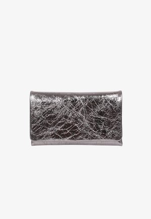 Metallic silver wallet with a crinkled texture, rectangular shape, and smooth edges. Features a glossy finish and no visible hardware.