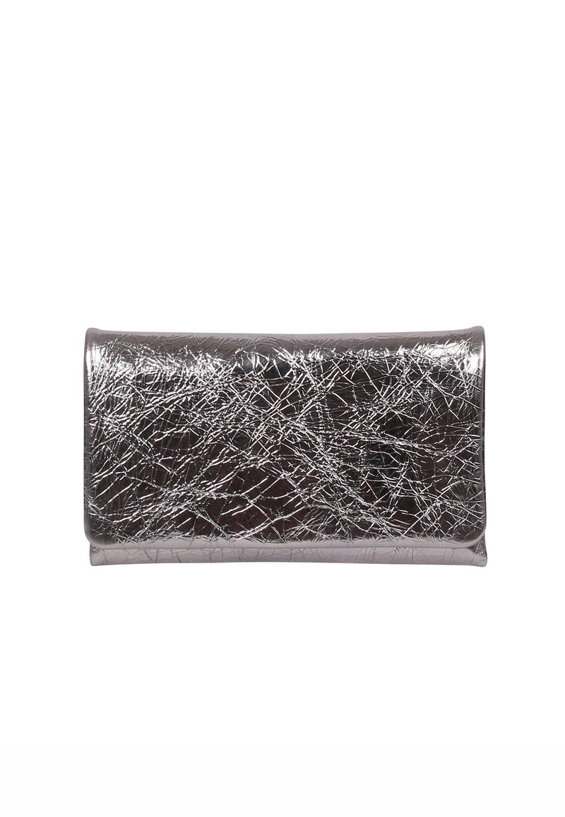 Metallic silver wallet with a crinkled texture, rectangular shape, and smooth edges. Features a glossy finish and no visible hardware.
