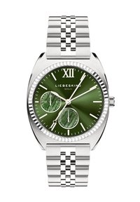 Silberner Edelstahluhren mit grünem Ziffernblatt, römischer Zahl XII, zwei Subdials und einem strukturierten Metallarmband.