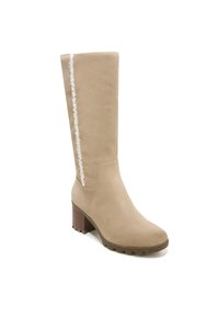 Beige knee-high boot in suede with a textured white vertical accent, a rounded toe, and a block heel with a wood-like finish. Rubber sole.