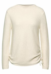 Top a maniche lunghe color crema chiaro con texture a coste orizzontali, scollatura tonda e dettagli con cordoncino sui lati per una vestibilità regolabile.