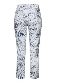 Pantalon blanc avec un motif abstrait de feuilles bleu et gris. Dispose d'une taille mi-haute, d'un design à cinq poches et d'une coupe droite.