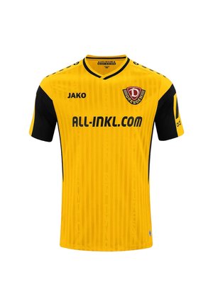 Gul og sort fodboldtrøje med Dresden holdlogo, Jako brandnavn og all-inkl.com sponsor tekst på fronten.