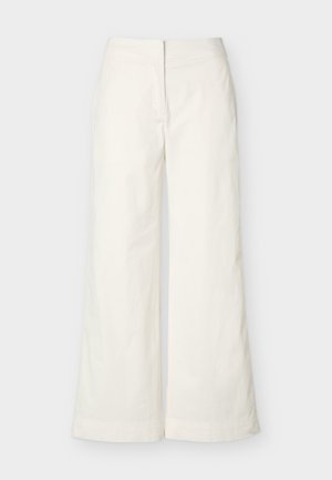 Pantalon crème taille haute à jambes larges avec fermeture avant dissimulée, fabriqué en tissu léger et doux.