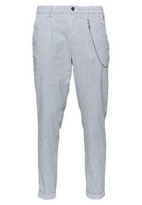 Striped trousers in light blue and white fabric, featuring a slim fit, rolled cuffs, front pockets, and a chain accent on the side pocket.