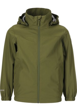 Veste à capuche vert olive avec fermeture éclair sur le devant, poignets élastiques et poches latérales, fabriquée en tissu lisse et résistant aux intempéries.