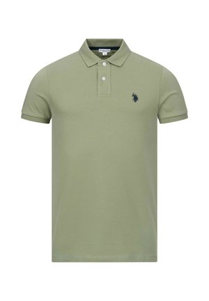Light olive green short-sleeve polo shirt with two white buttons and a small dark blue embroidered logo on the left chest.