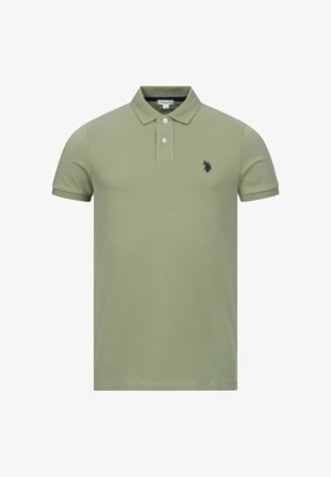 Light olive green short-sleeve polo shirt with two white buttons and a small dark blue embroidered logo on the left chest.