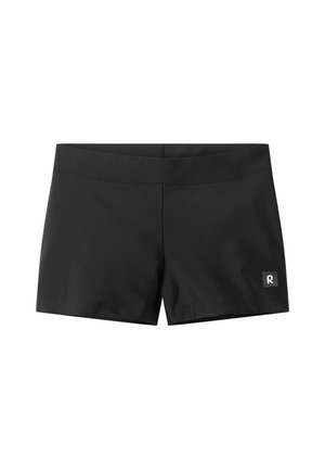 Costume da bagno nero, a vita media, aderente, con un piccolo logo rettangolare sulla parte inferiore della gamba sinistra, visualizzato su sfondo bianco.