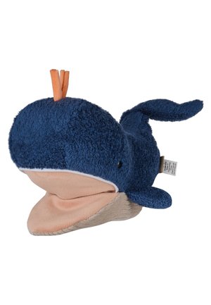 Soft blue whale hand puppet with open pink mouth and two small orange water spouts on top.