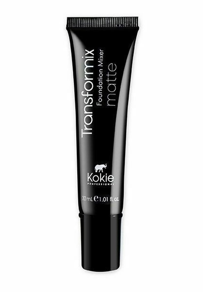 Svart 30 ml kosmetiktube med en matt yta. Har vit text som säger "Transformix Foundation Mixer matte" och en liten logo av en elefant.