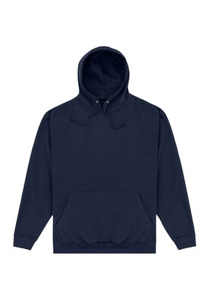 Felpa con cappuccio blu navy con tasca frontale a marsupio e cordoncino al cappuccio, distesa su uno sfondo bianco.