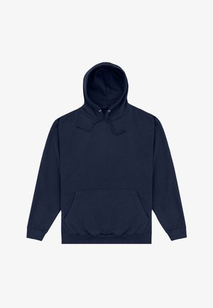 Felpa con cappuccio blu navy con tasca frontale a marsupio e cordoncino al cappuccio, distesa su uno sfondo bianco.