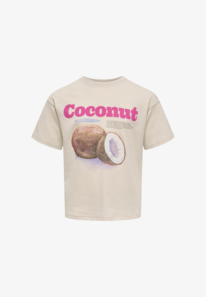 T-shirt en coton beige avec un grand graphisme de noix de coco, avec "Coconut" en texte rose vif au-dessus. Manches courtes et coupe décontractée.