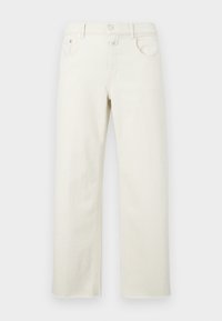 Jeans de pierna ancha en mezclilla color blanco roto, con cierre de botón, cinco bolsillos y una silueta recta clásica con detalles de costura mínimos.