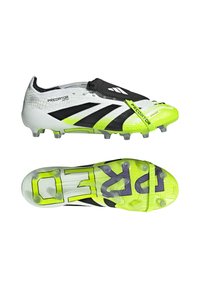 Football boots with a textured white, black, and neon green design, featuring a lace-less construction and a distinctive “Predator” logo.